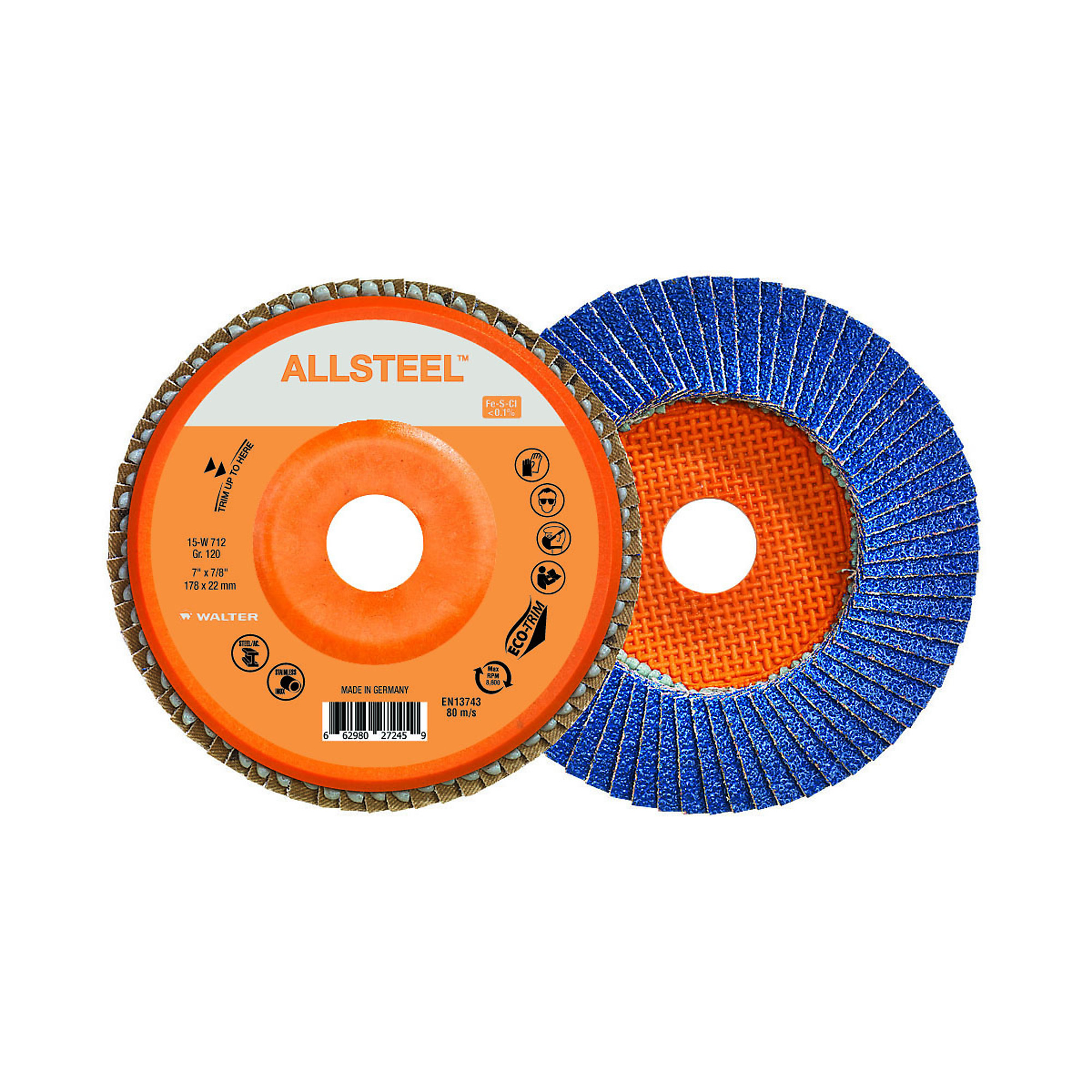 Walter Allsteel Flap Discs — 7in. x 7/8in., GR120, Zirconia Alumina, ECO-Trim, 10 Pk., Model# 15W712